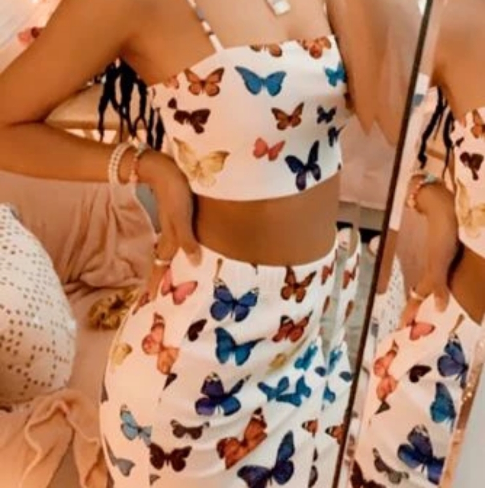 Butterfly Print Crop Cami Top & Skirt Set